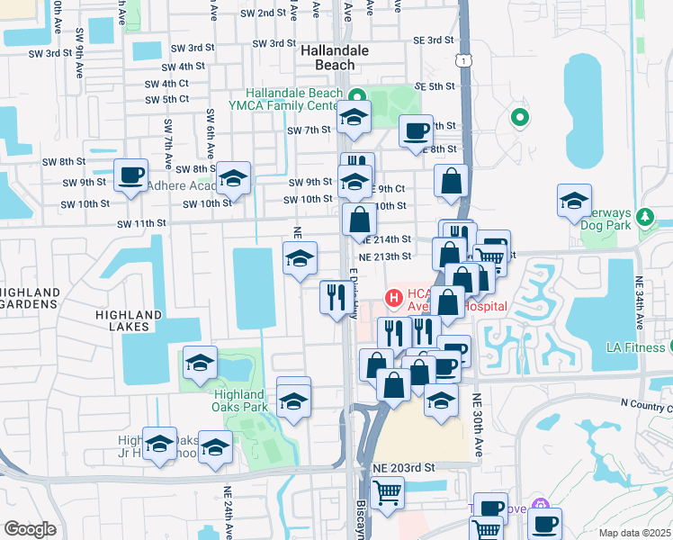 map of restaurants, bars, coffee shops, grocery stores, and more near 2630 Northeast 213th Street in Aventura