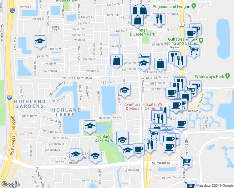 map of restaurants, bars, coffee shops, grocery stores, and more near 21300 Northeast 25th Court in Miami