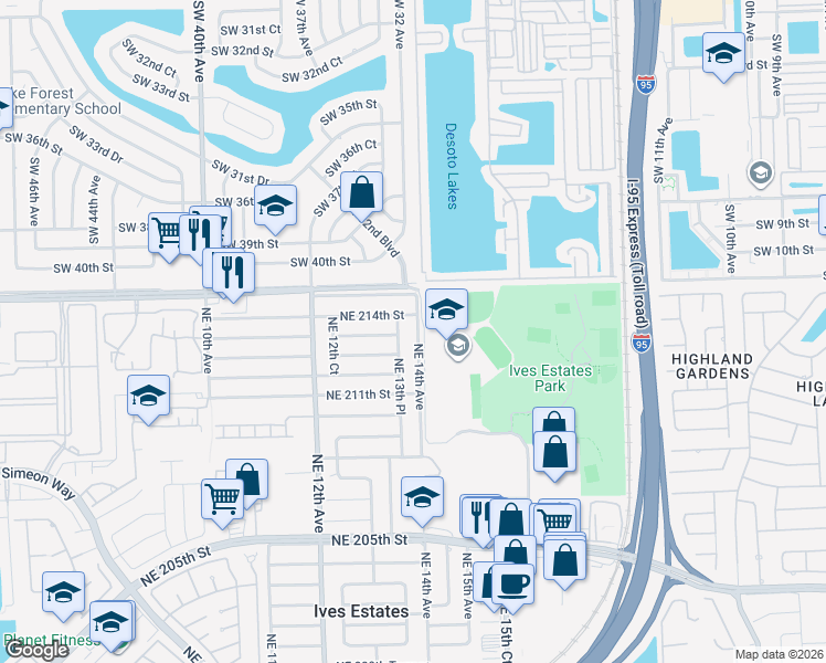 map of restaurants, bars, coffee shops, grocery stores, and more near 21341 Northeast 13th Place in Miami