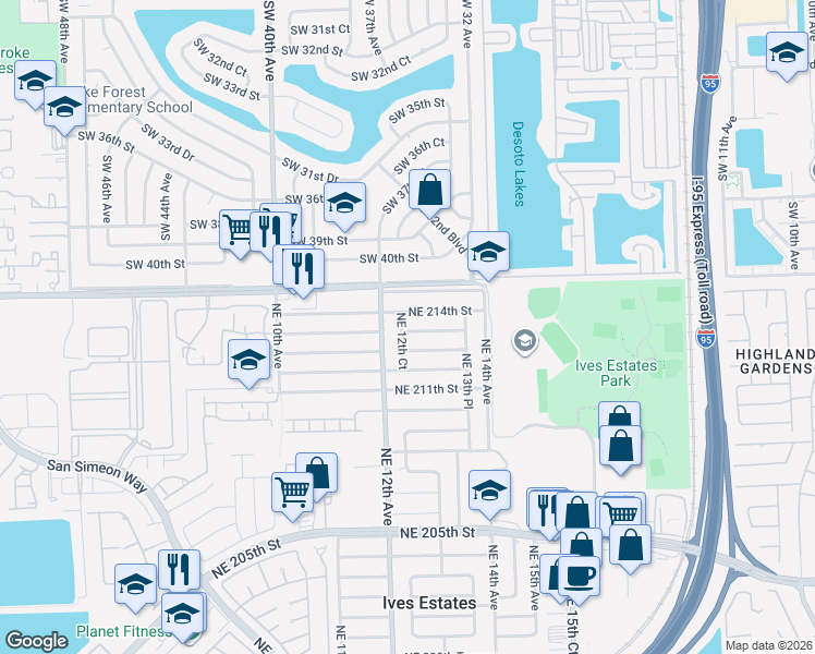 map of restaurants, bars, coffee shops, grocery stores, and more near 21340 Northeast 12th Court in Miami