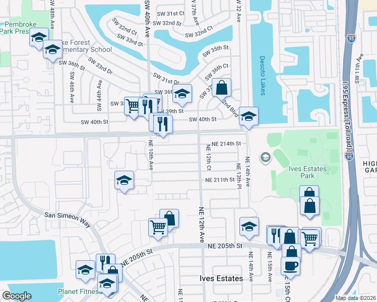 map of restaurants, bars, coffee shops, grocery stores, and more near 1140 Northeast 214th Street in Miami