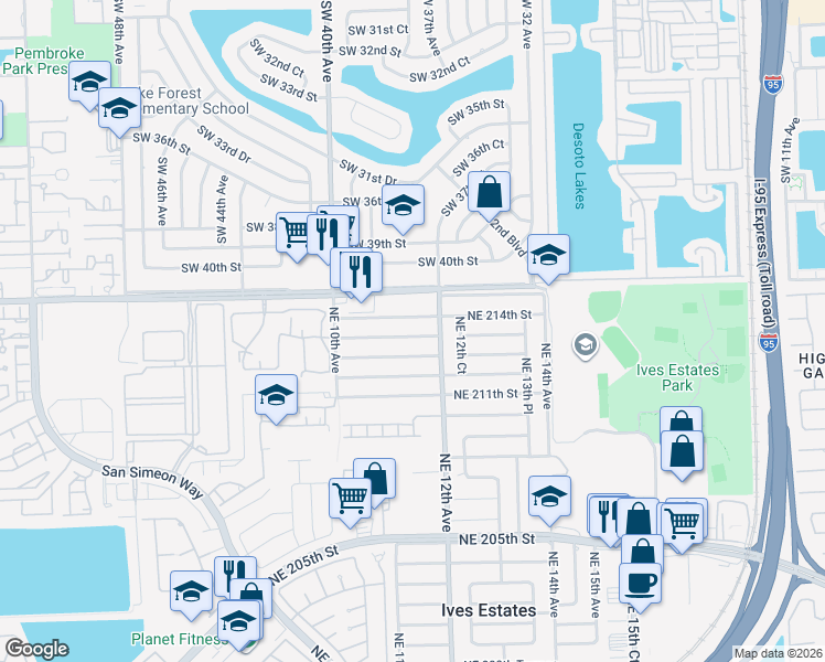 map of restaurants, bars, coffee shops, grocery stores, and more near 1140 Northeast 214th Street in Miami