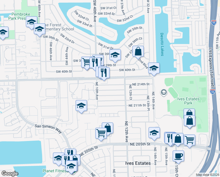 map of restaurants, bars, coffee shops, grocery stores, and more near 1070 Northeast 214th Street in Miami