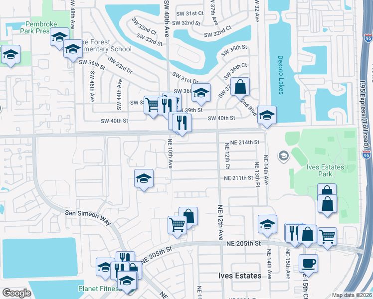 map of restaurants, bars, coffee shops, grocery stores, and more near 1070 Northeast 214th Street in Miami