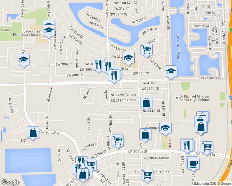 map of restaurants, bars, coffee shops, grocery stores, and more near 1000 Northeast 214th Street in Miami