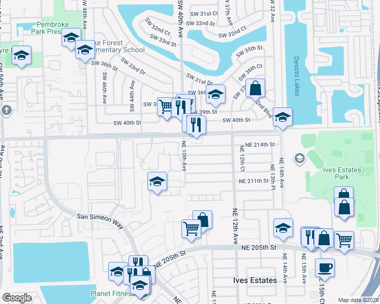 map of restaurants, bars, coffee shops, grocery stores, and more near 1000 Northeast 214th Street in Miami