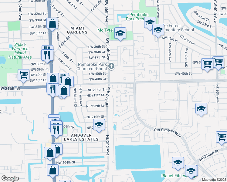 map of restaurants, bars, coffee shops, grocery stores, and more near in Pembroke Park
