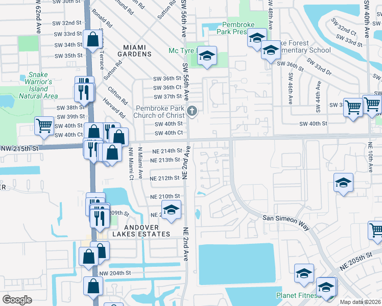 map of restaurants, bars, coffee shops, grocery stores, and more near 21465 Northeast 2nd Avenue in Miami Gardens