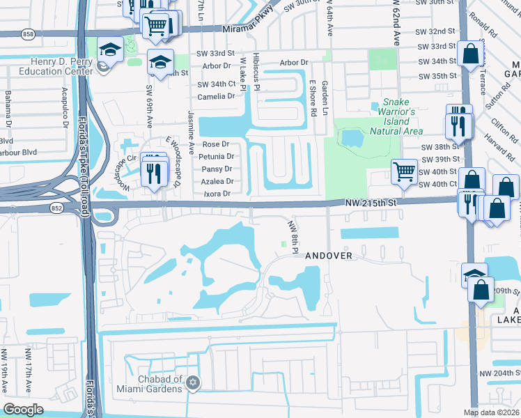 map of restaurants, bars, coffee shops, grocery stores, and more near 6648 Emerald Lake Drive in Miramar