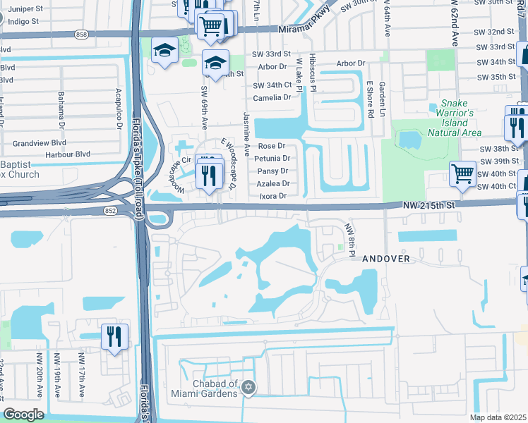 map of restaurants, bars, coffee shops, grocery stores, and more near 6740 Ixora Drive in Miramar