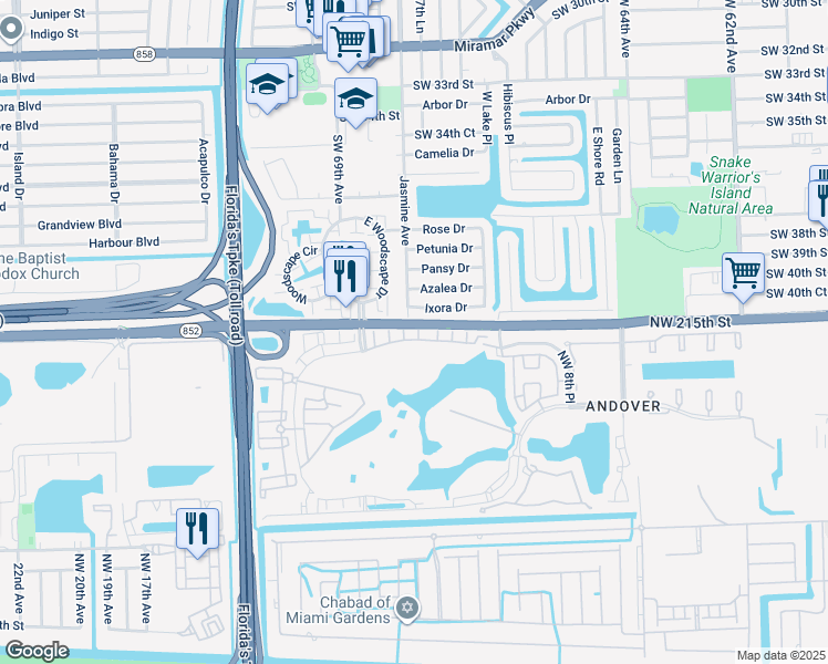 map of restaurants, bars, coffee shops, grocery stores, and more near 6772 Ixora Drive in Miramar
