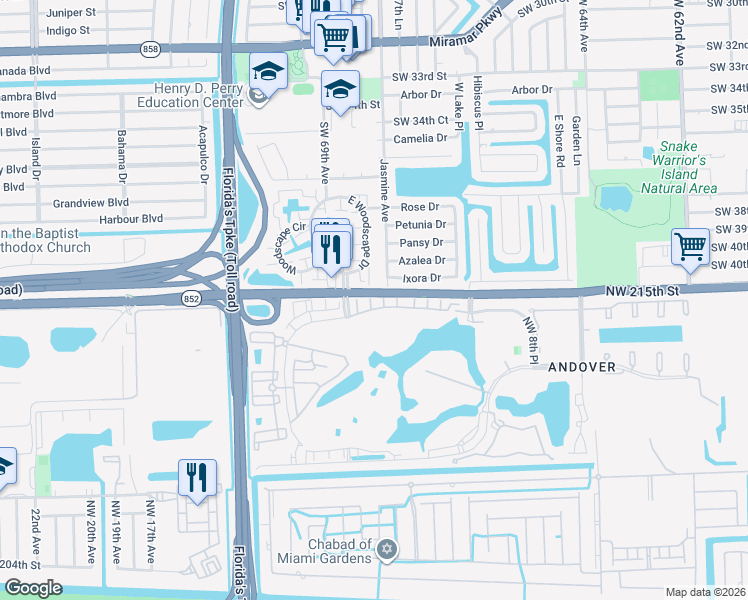map of restaurants, bars, coffee shops, grocery stores, and more near 6772 Ixora Drive in Miramar