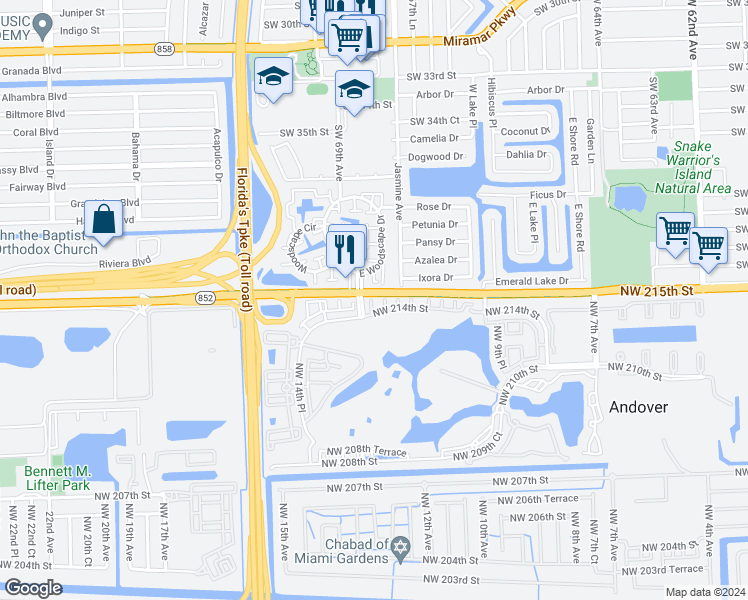 map of restaurants, bars, coffee shops, grocery stores, and more near 102 County Line Road in Miami Gardens