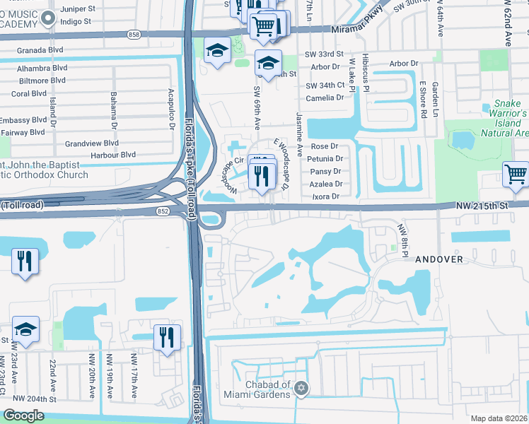 map of restaurants, bars, coffee shops, grocery stores, and more near 762 Northwest 215th Street in Miramar