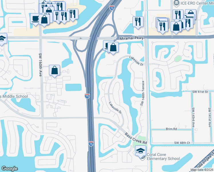map of restaurants, bars, coffee shops, grocery stores, and more near 3960 Southwest 152nd Avenue in Miramar