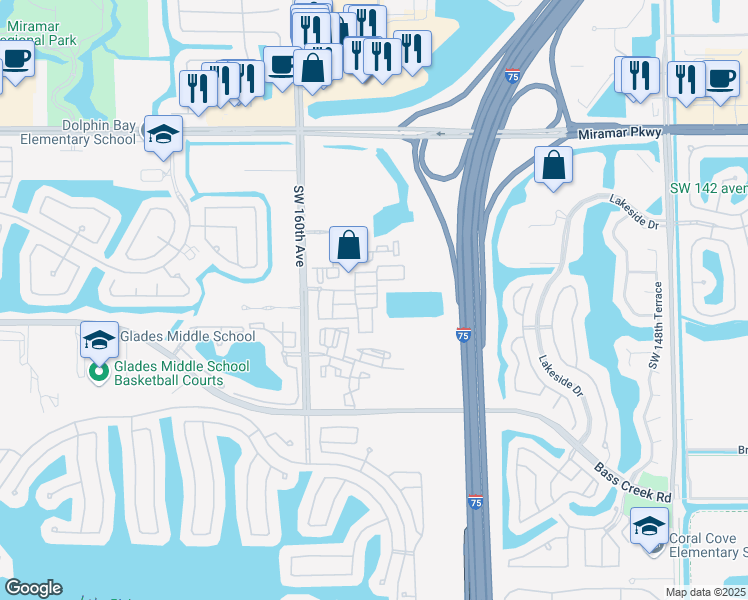 map of restaurants, bars, coffee shops, grocery stores, and more near 15601 Southwest 40th Street in Miramar