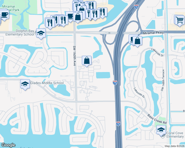 map of restaurants, bars, coffee shops, grocery stores, and more near 15601 Southwest 40th Street in Miramar