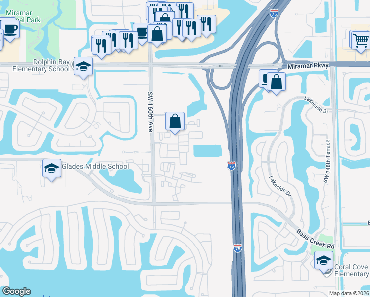 map of restaurants, bars, coffee shops, grocery stores, and more near 15601 Southwest 40th Street in Miramar
