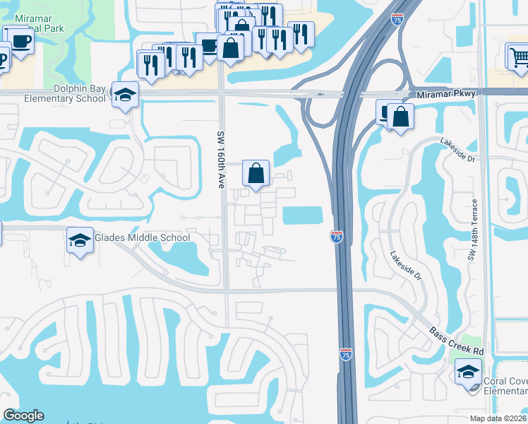 map of restaurants, bars, coffee shops, grocery stores, and more near 15601 Southwest 40th Street in Miramar