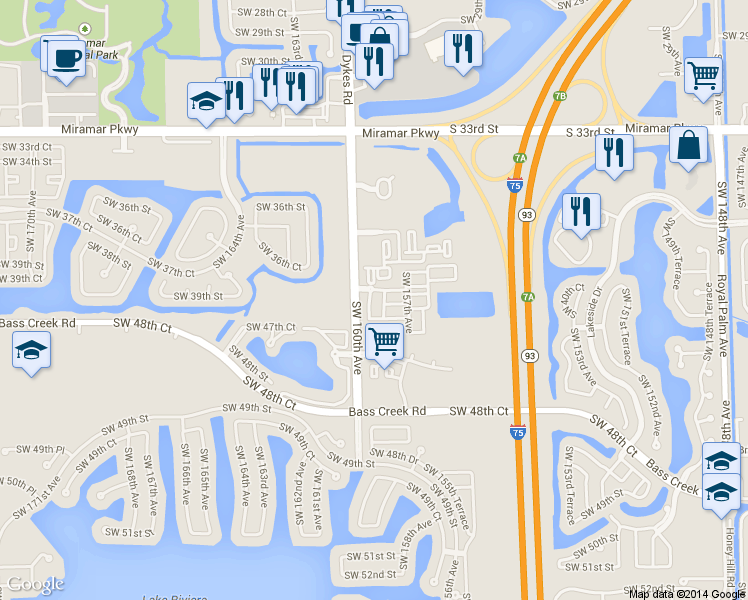 map of restaurants, bars, coffee shops, grocery stores, and more near 15786 Southwest 40th Street in Miramar