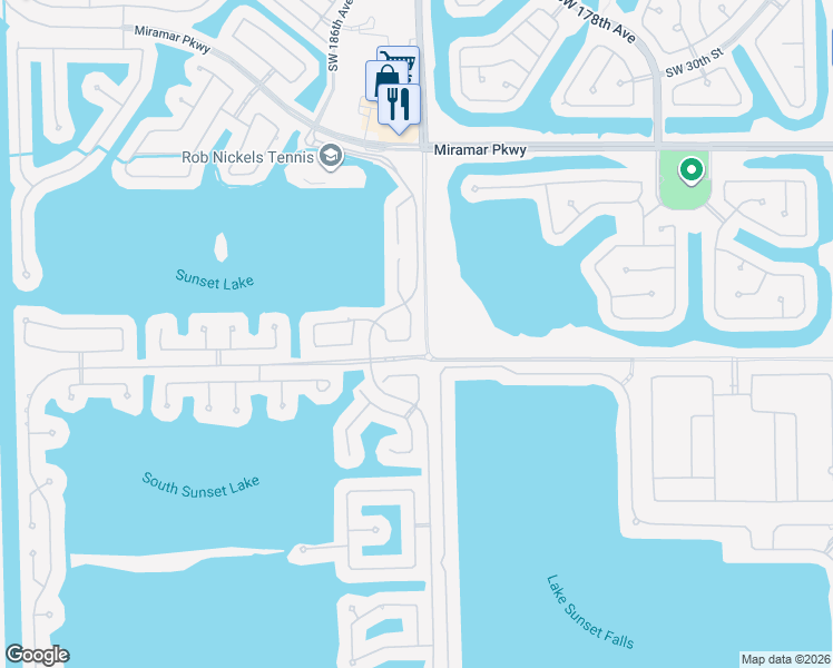 map of restaurants, bars, coffee shops, grocery stores, and more near 3900 Southwest 185th Avenue in Miramar