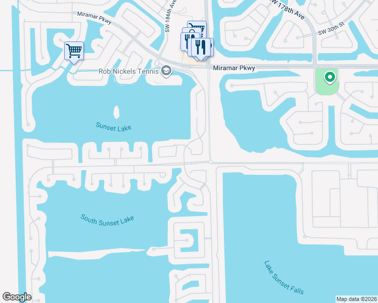 map of restaurants, bars, coffee shops, grocery stores, and more near 18600 Sunrise Avenue in Miramar