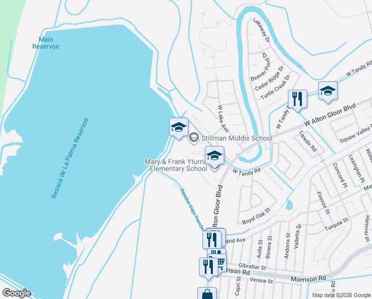 map of restaurants, bars, coffee shops, grocery stores, and more near 2977 West Tandy Road in Brownsville