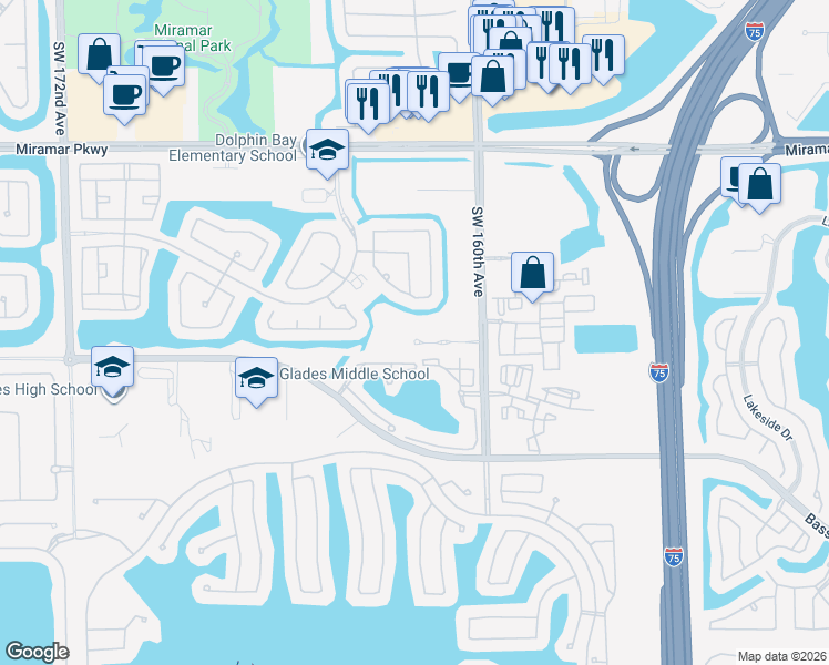 map of restaurants, bars, coffee shops, grocery stores, and more near 16181 Southwest 41st Street in Miramar
