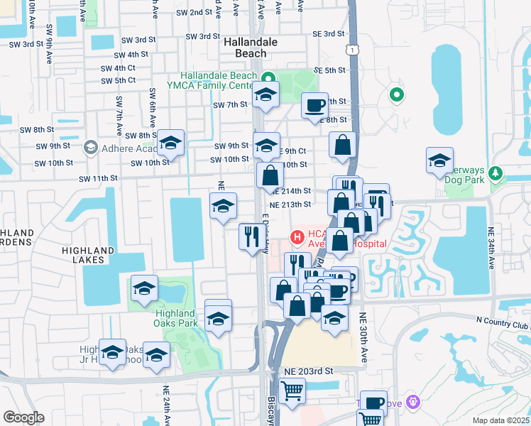 map of restaurants, bars, coffee shops, grocery stores, and more near 2630 Northeast 213th Street in Aventura