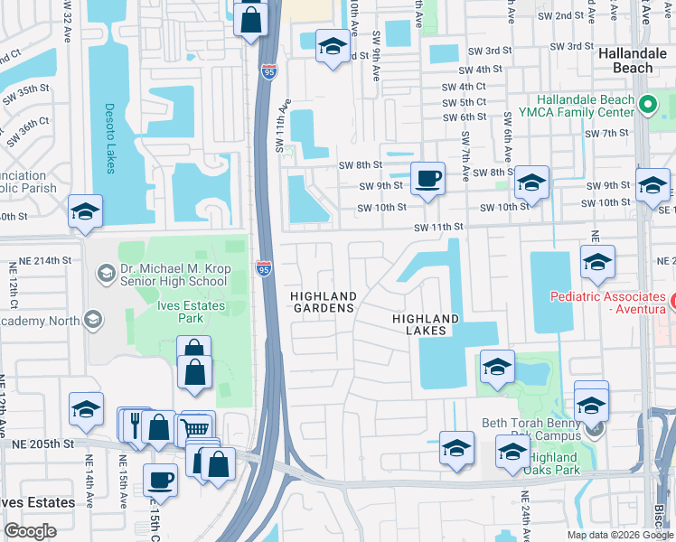 map of restaurants, bars, coffee shops, grocery stores, and more near 1915 Northeast 213th Terrace in Miami