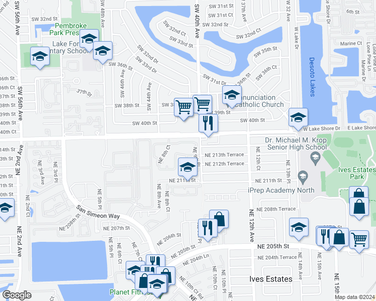 map of restaurants, bars, coffee shops, grocery stores, and more near 960 Northeast 214th Lane in Miami