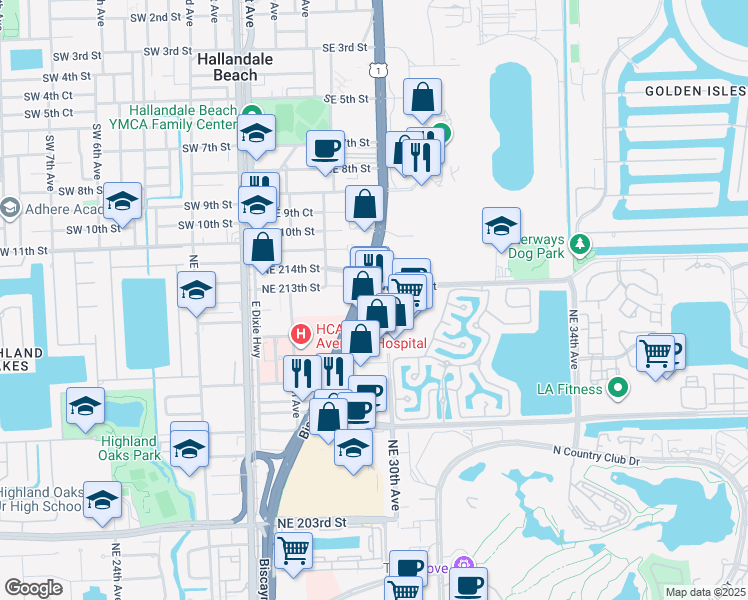 map of restaurants, bars, coffee shops, grocery stores, and more near 21217 Biscayne Boulevard in Aventura