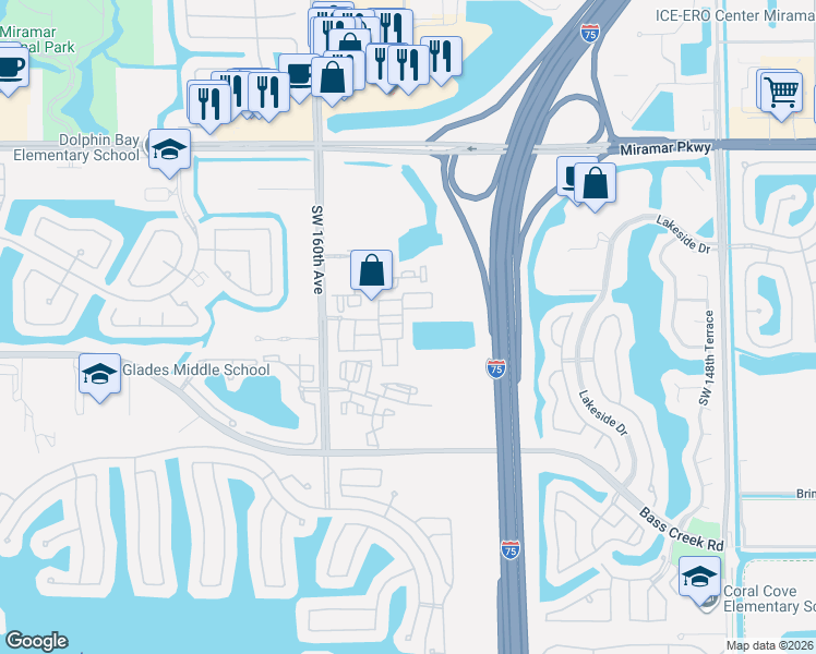 map of restaurants, bars, coffee shops, grocery stores, and more near 15601 Southwest 40th Street in Miramar