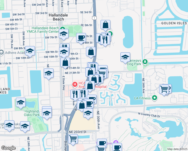 map of restaurants, bars, coffee shops, grocery stores, and more near 21217 Biscayne Boulevard in Aventura