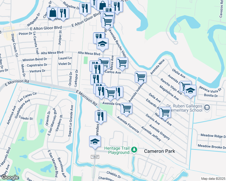 map of restaurants, bars, coffee shops, grocery stores, and more near 3764 Paredes Line Road in Brownsville