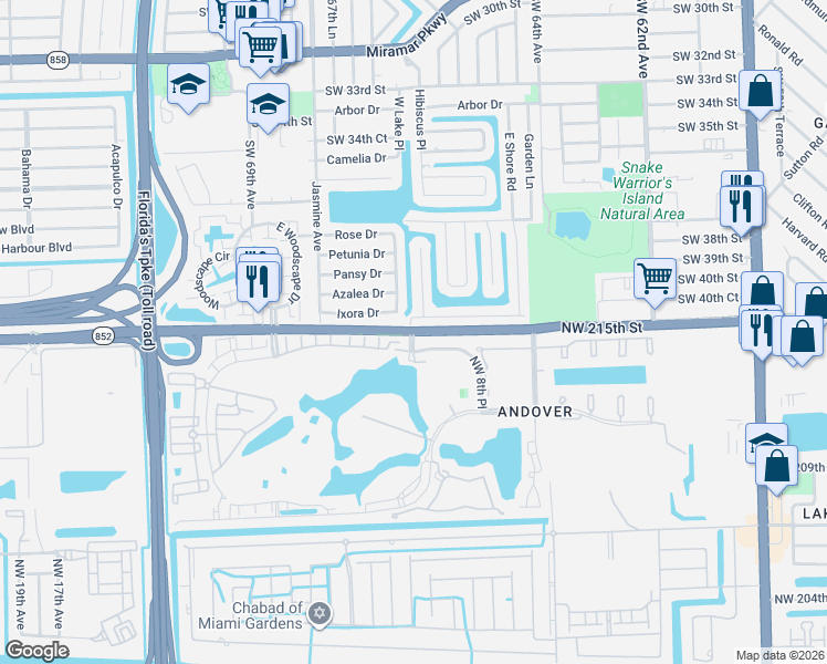 map of restaurants, bars, coffee shops, grocery stores, and more near 6712 Ixora Drive in Miramar
