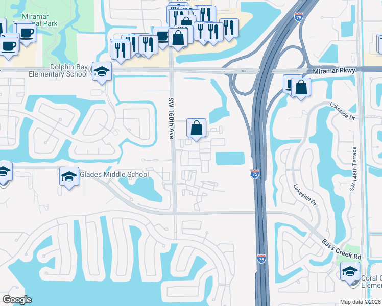map of restaurants, bars, coffee shops, grocery stores, and more near 15786 Southwest 40th Street in Miramar