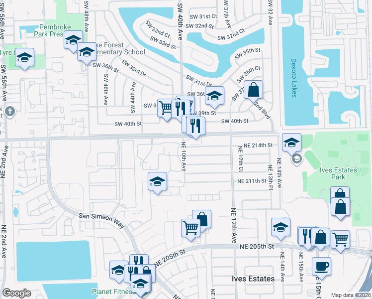 map of restaurants, bars, coffee shops, grocery stores, and more near 1000 Northeast 214th Street in Miami