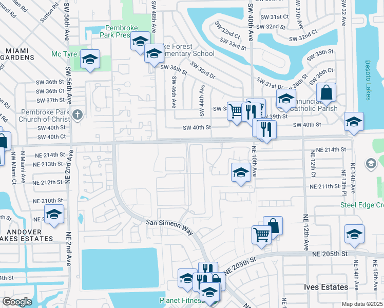 map of restaurants, bars, coffee shops, grocery stores, and more near 21471 San Simeon Way in Miami