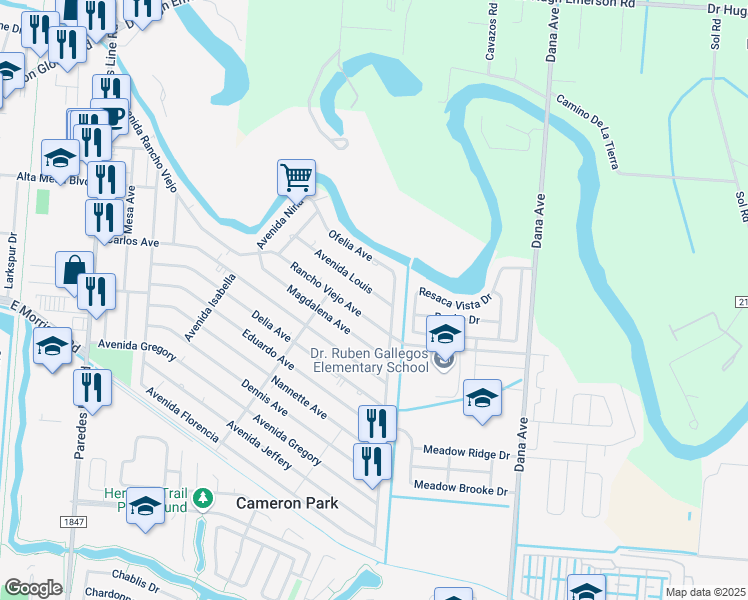 map of restaurants, bars, coffee shops, grocery stores, and more near 2603 Avenida Louis in Brownsville