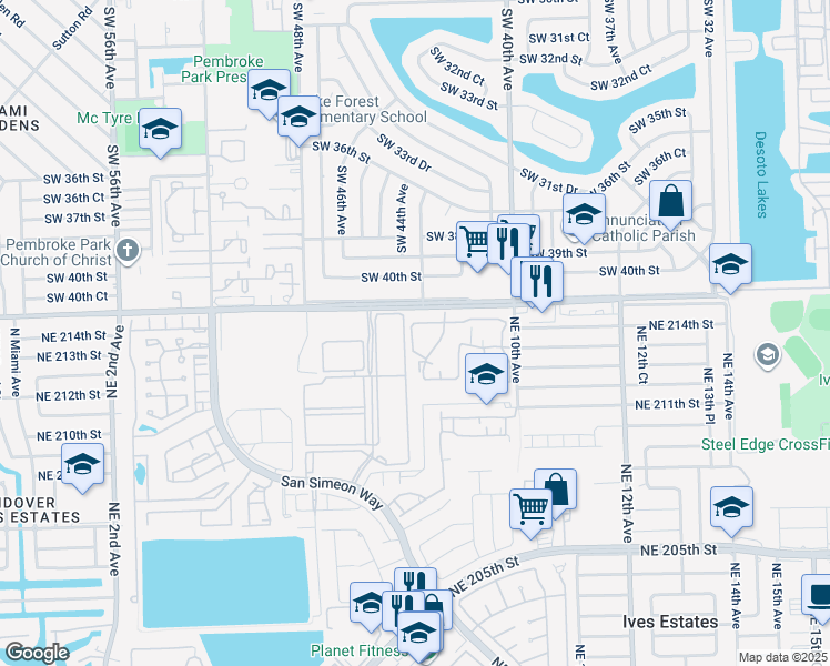 map of restaurants, bars, coffee shops, grocery stores, and more near 21451 San Simeon Way in Miami