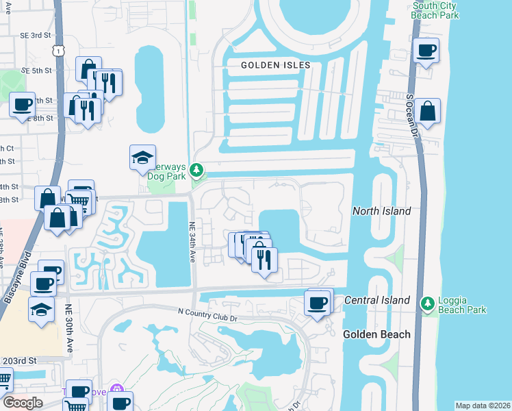 map of restaurants, bars, coffee shops, grocery stores, and more near 3600 Yacht Club Drive in Aventura