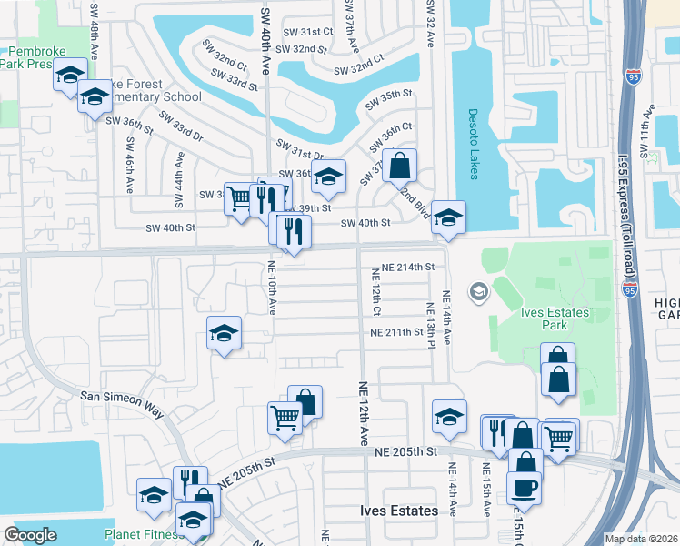 map of restaurants, bars, coffee shops, grocery stores, and more near 1140 Northeast 214th Street in Miami