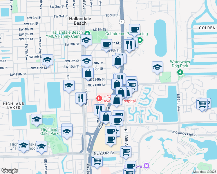 map of restaurants, bars, coffee shops, grocery stores, and more near 21290 Biscayne Boulevard in Aventura