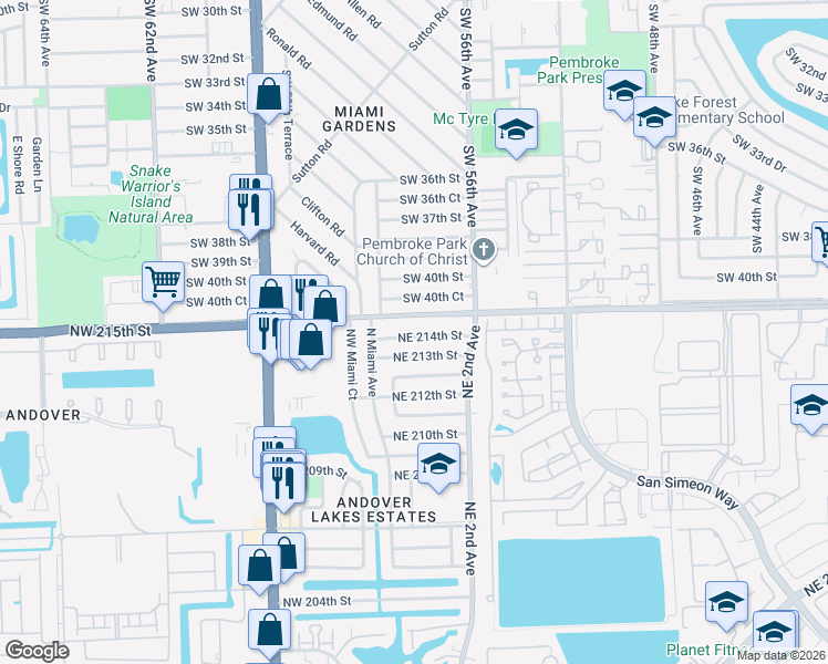 map of restaurants, bars, coffee shops, grocery stores, and more near 75 Northeast 214th Street in Miami
