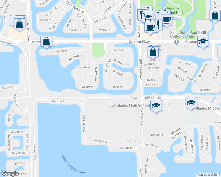 map of restaurants, bars, coffee shops, grocery stores, and more near 17488 Southwest 36th Street in Miramar