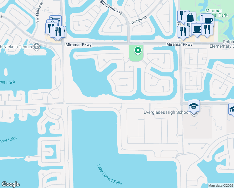 map of restaurants, bars, coffee shops, grocery stores, and more near 3592 Southwest 180th Way in Miramar