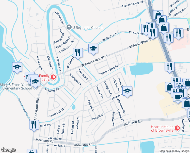 map of restaurants, bars, coffee shops, grocery stores, and more near 1156 Squaw Valley Drive in Brownsville