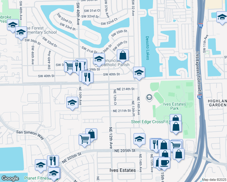 map of restaurants, bars, coffee shops, grocery stores, and more near 21340 Northeast 12th Court in Miami
