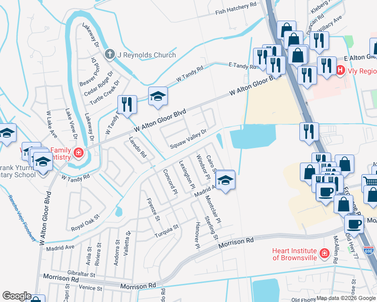 map of restaurants, bars, coffee shops, grocery stores, and more near 2046 Athens Street in Brownsville